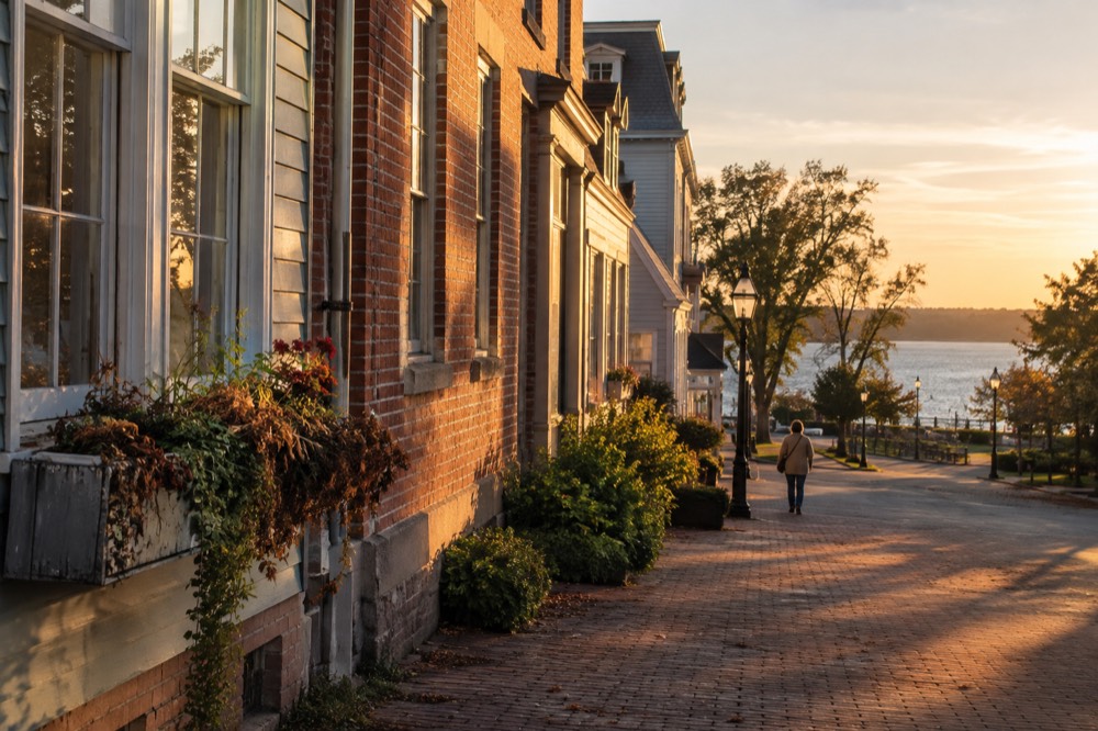 Harbour waterfront at golden hour with historic buildings behind the wharves