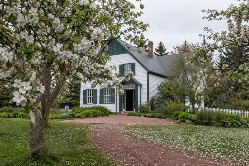 A white farmhouse with green gables surrounded by orchard trees
