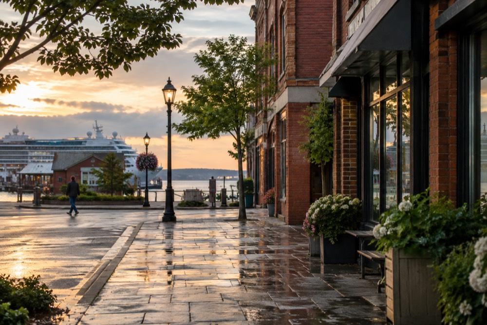 A harbourfront street with historic brick storefronts in evening light