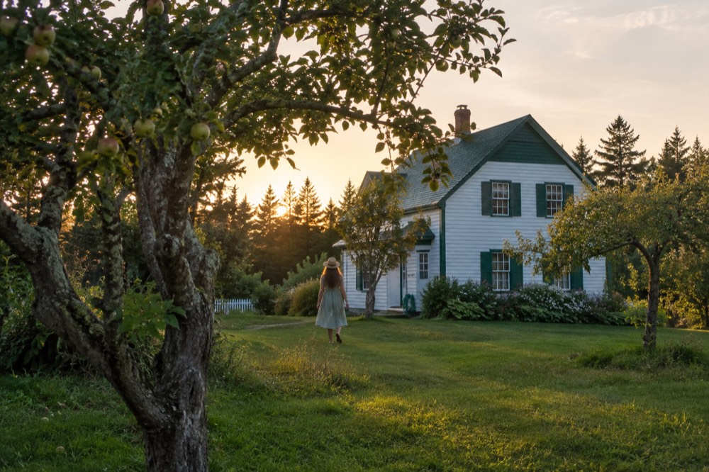 White farmhouse with green gables surrounded by trees and farmland