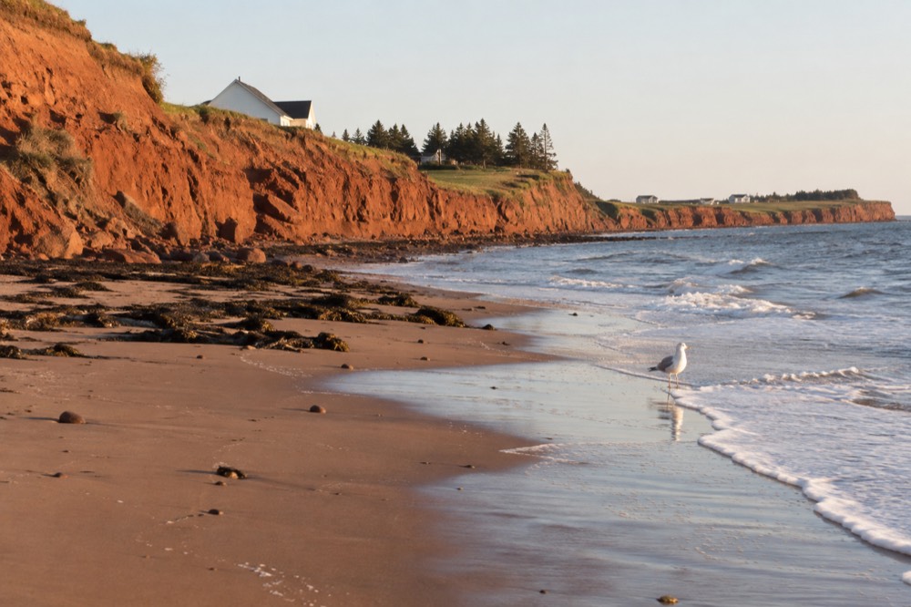 Red sandstone cliffs and a sandy beach along the north shore of Prince Edward Island