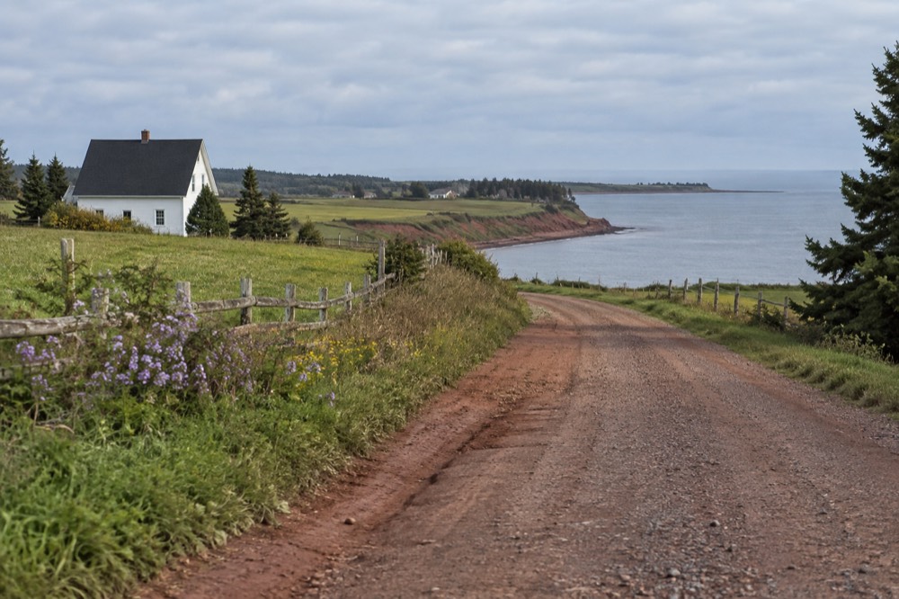 A quiet country road curving through green farmland toward the coast