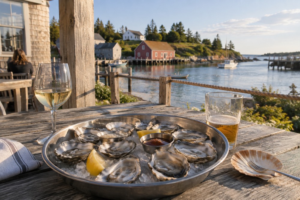 Freshly shucked oysters on a tray beside a waterfront deck