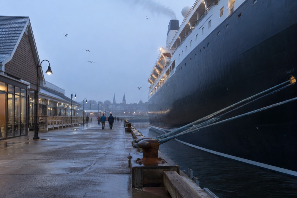 A cruise ship docked at a waterfront wharf in Charlottetown harbour