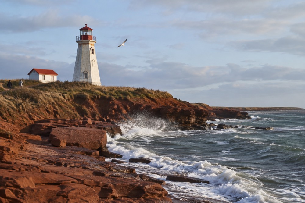 A stone lighthouse at the tip of a point with waves breaking below