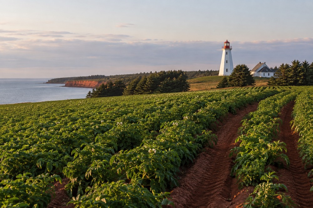A tall white lighthouse with a red top seen across a field