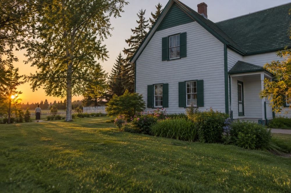 A white farmhouse with green gables surrounded by trees and lawn