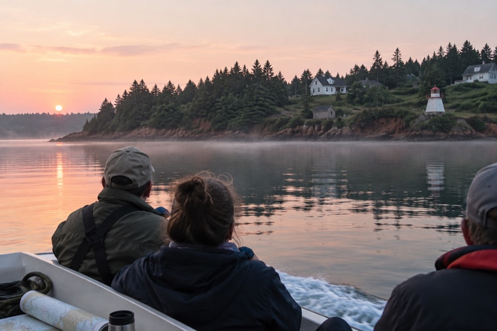 A tour boat crossing calm early morning water toward a green shoreline