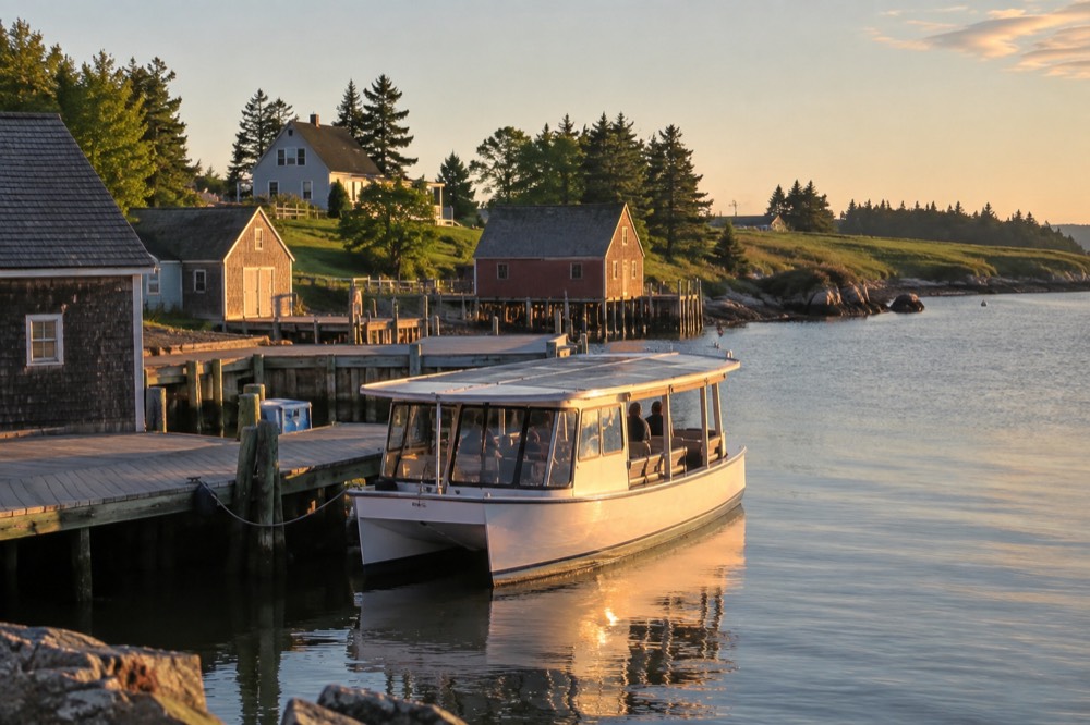 A solar-electric passenger boat moored at a wharf with the harbour in the background