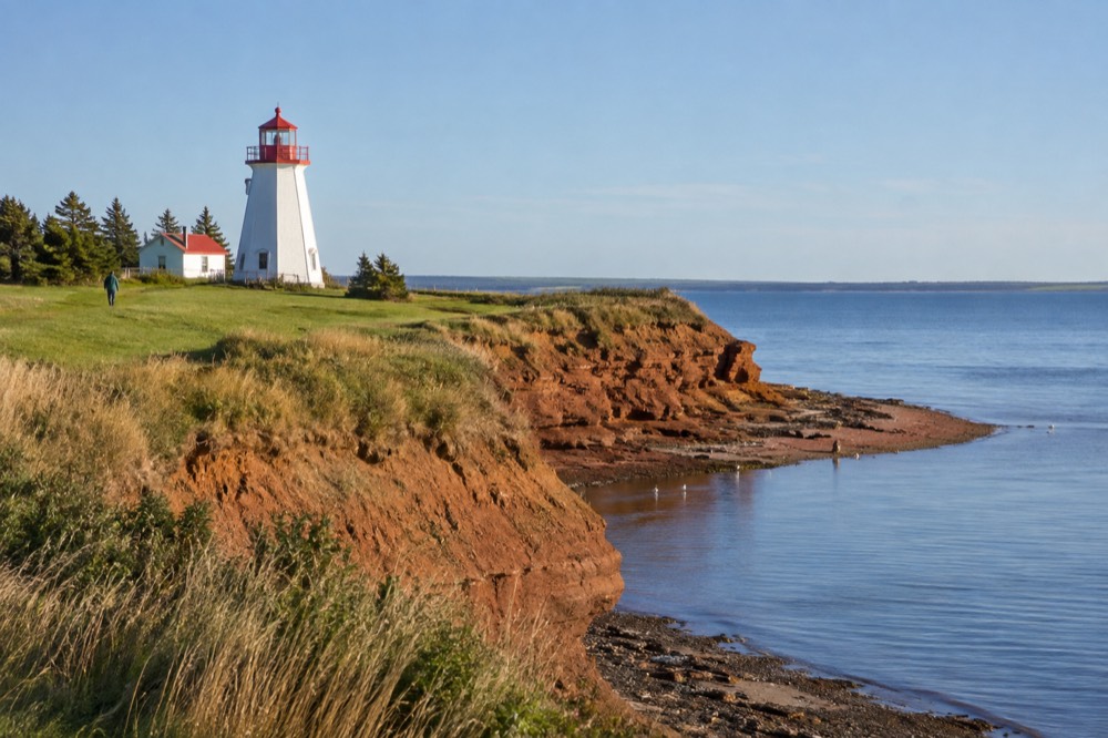A red sandstone cliff and green field meeting calm blue water along the Island coast