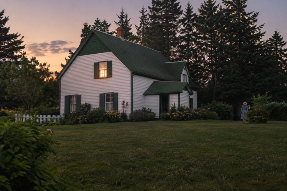 White farmhouse with green gables surrounded by trees
