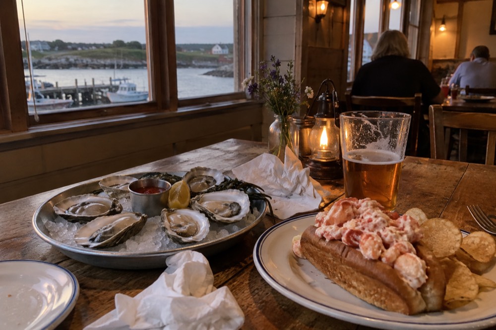 Fresh oysters and a lobster roll on a wooden table