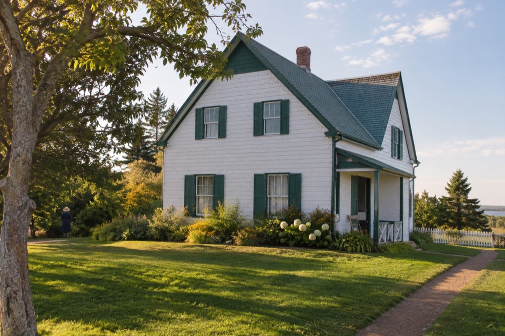 A white farmhouse with green trim surrounded by lawn and trees