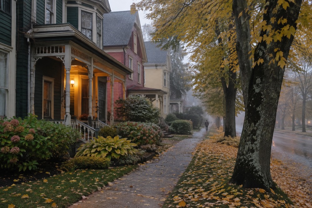A quiet tree-lined street with Victorian houses in a historic district