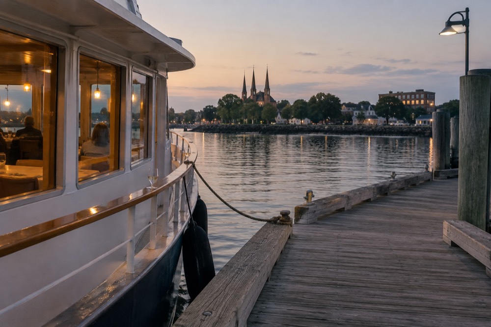 A harbour dinner boat moored beside a wooden wharf at dusk