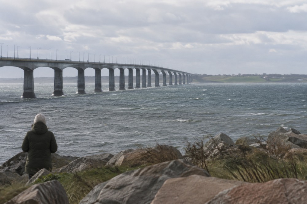 A long curved bridge stretching across open water toward low green shores