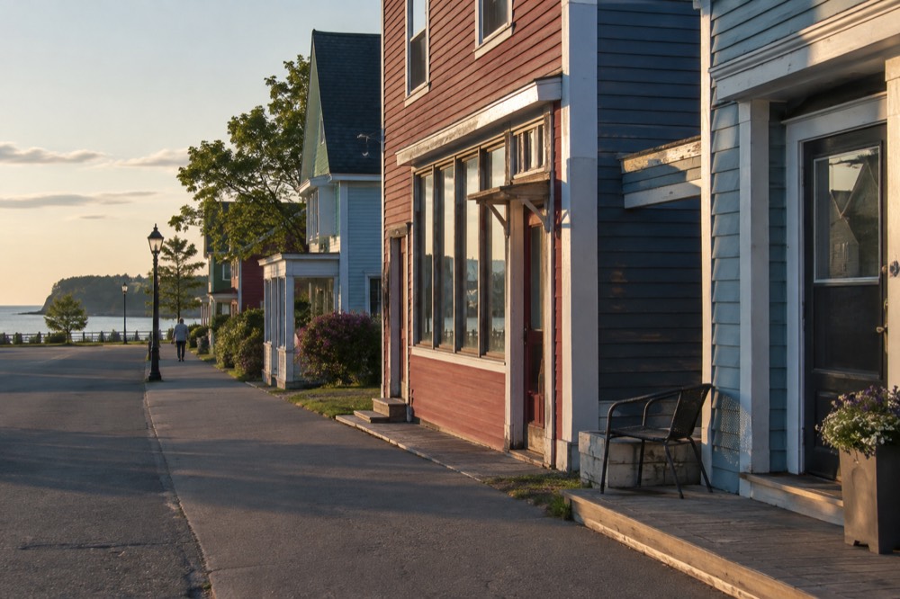 A quiet main street of colourful heritage storefronts in early evening light