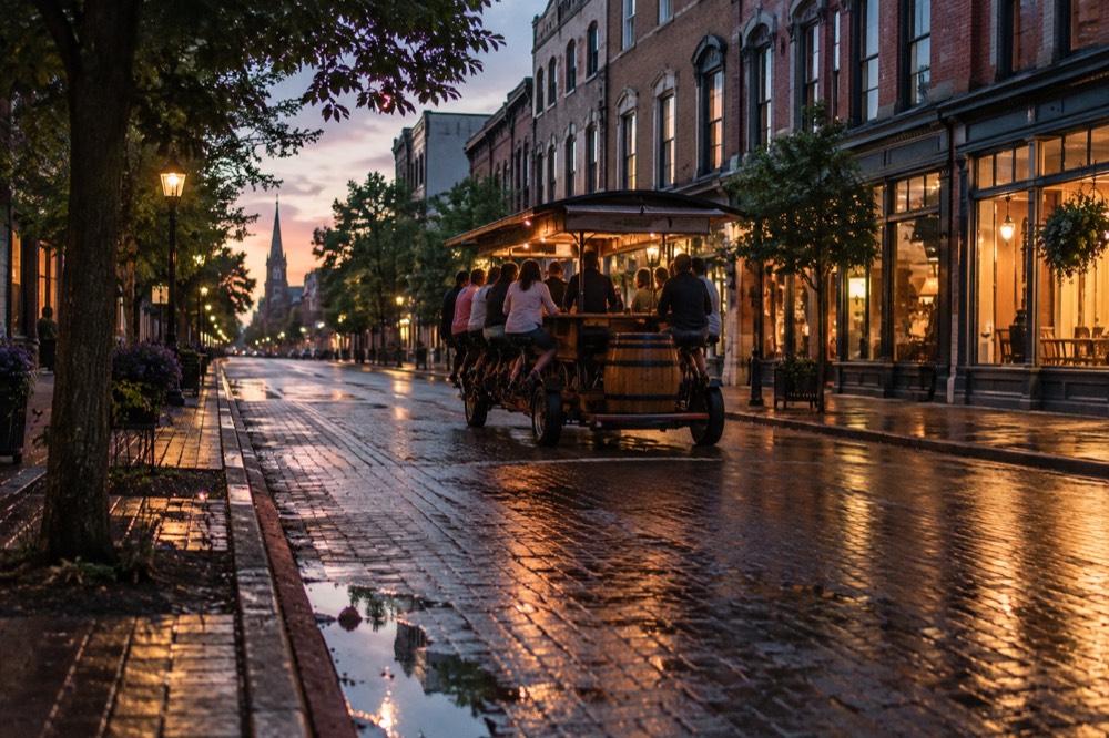 A pedal-powered party bike rolling along a waterfront street in the evening
