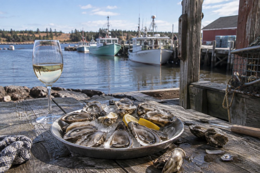 A plate of fresh oysters beside a glass of white wine on a harbour-side table