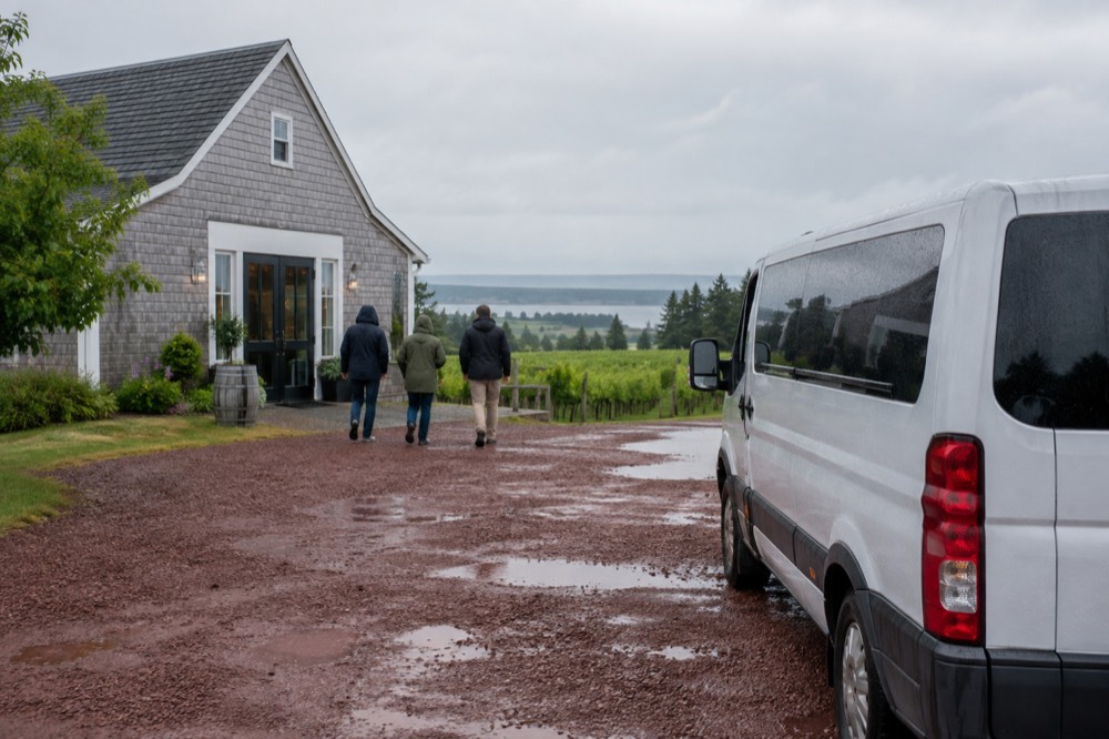 A tour van parked outside a small rural winery building with a gravel lane