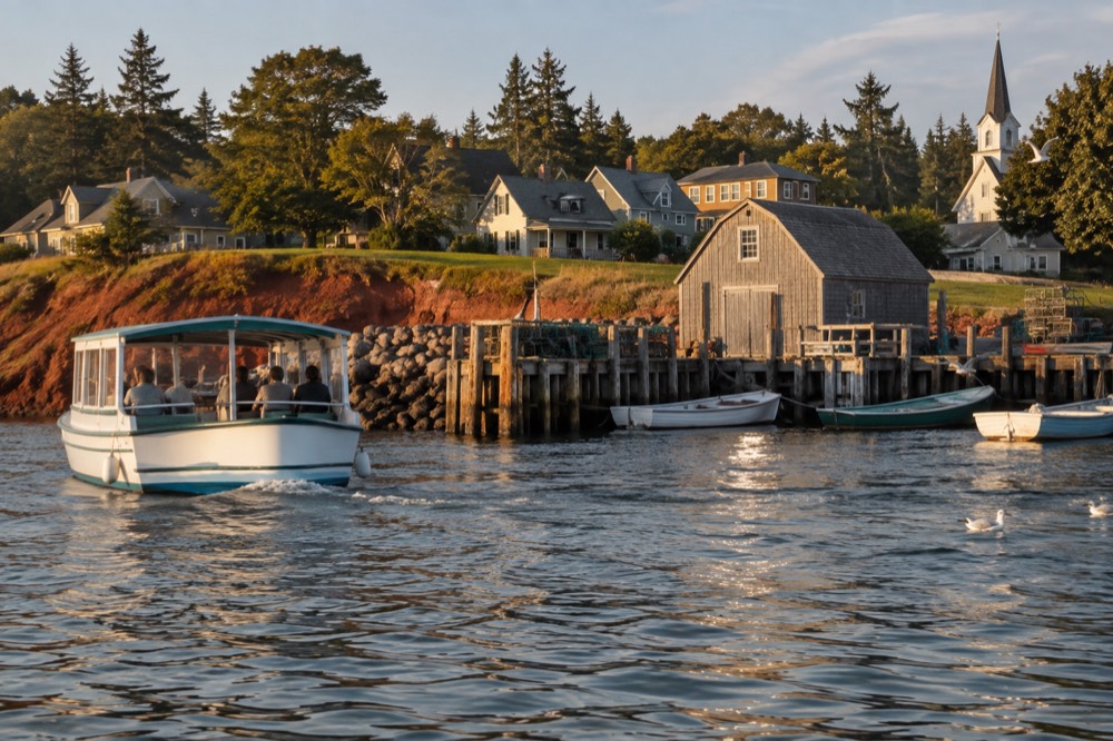 Small tour boat cruising past a lighthouse on open water